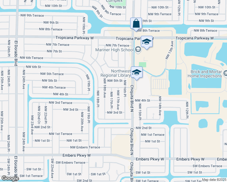 map of restaurants, bars, coffee shops, grocery stores, and more near 421 Northwest 17th Place in Cape Coral