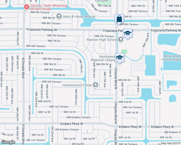 map of restaurants, bars, coffee shops, grocery stores, and more near 452 Northwest 18th Avenue in Cape Coral