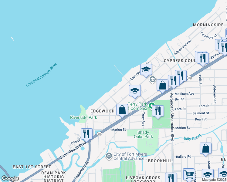 map of restaurants, bars, coffee shops, grocery stores, and more near 3331 East Riverside Drive in Fort Myers