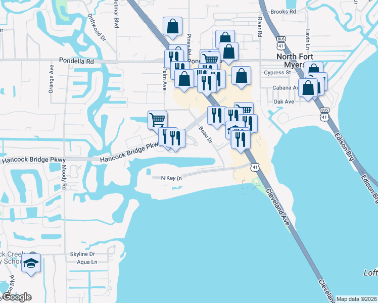 map of restaurants, bars, coffee shops, grocery stores, and more near 3426 Hancock Bridge Parkway in North Fort Myers