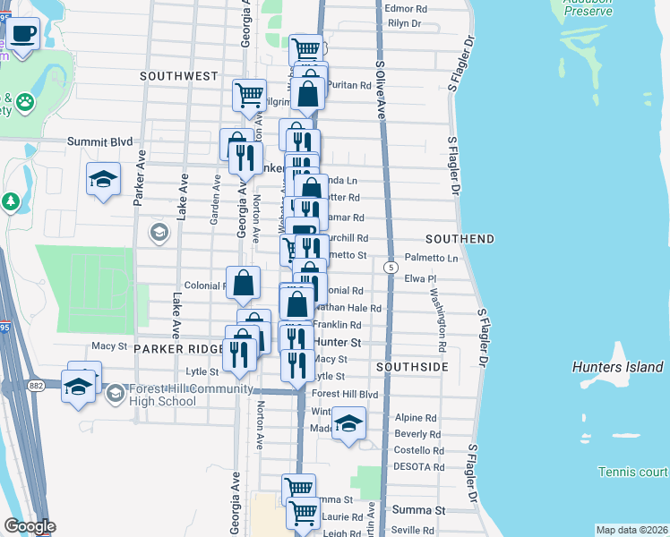 map of restaurants, bars, coffee shops, grocery stores, and more near 377 Palmetto Street in West Palm Beach