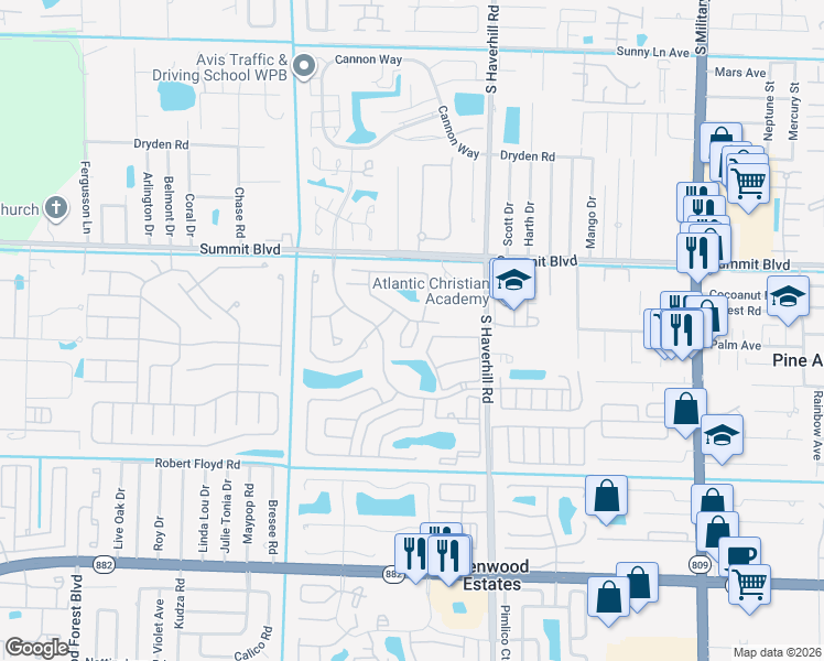 map of restaurants, bars, coffee shops, grocery stores, and more near 1001 Summit Trail Circle in West Palm Beach