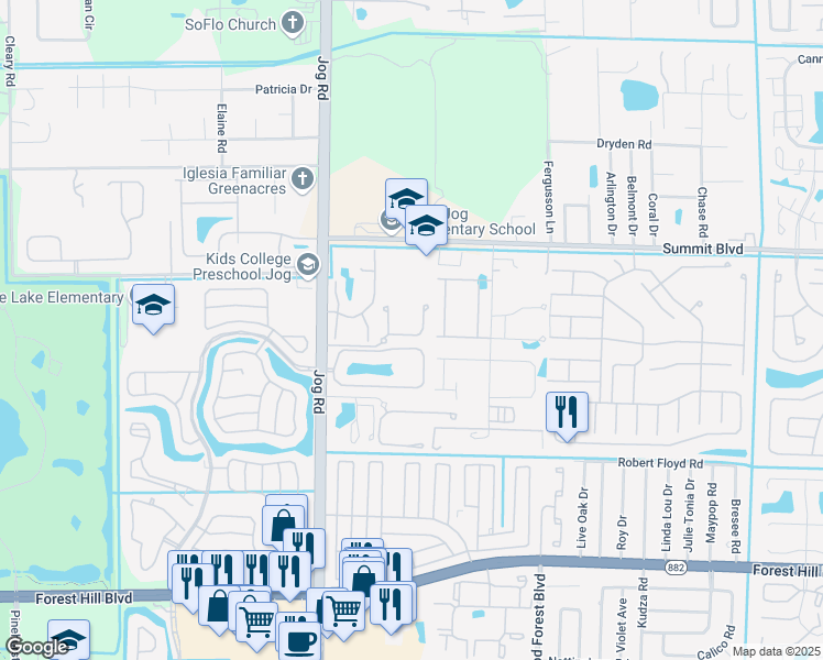 map of restaurants, bars, coffee shops, grocery stores, and more near 1122 Woodfield Court in Greenacres