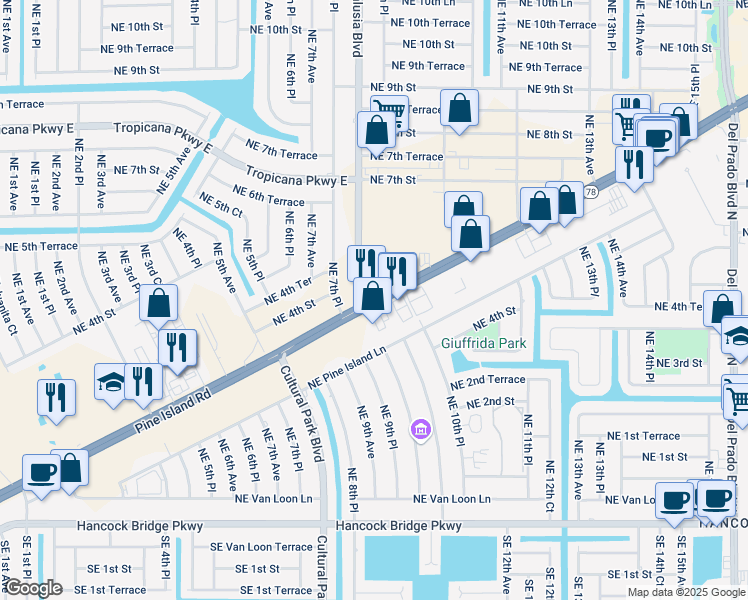 map of restaurants, bars, coffee shops, grocery stores, and more near Pine Island Rd & Andalusia Blvd in Cape Coral