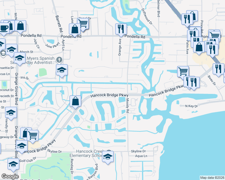 map of restaurants, bars, coffee shops, grocery stores, and more near 13401 Seaside Harbour Drive in North Fort Myers
