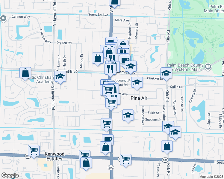 map of restaurants, bars, coffee shops, grocery stores, and more near 1130 South Military Trail in West Palm Beach