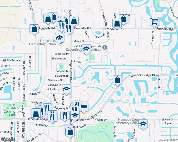 map of restaurants, bars, coffee shops, grocery stores, and more near 9392 Palm Island Circle in North Fort Myers