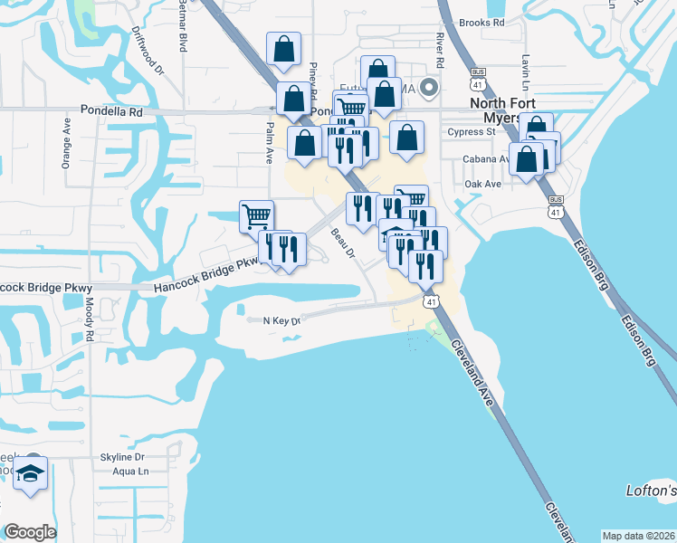 map of restaurants, bars, coffee shops, grocery stores, and more near 3420 Hancock Bridge Parkway in North Fort Myers