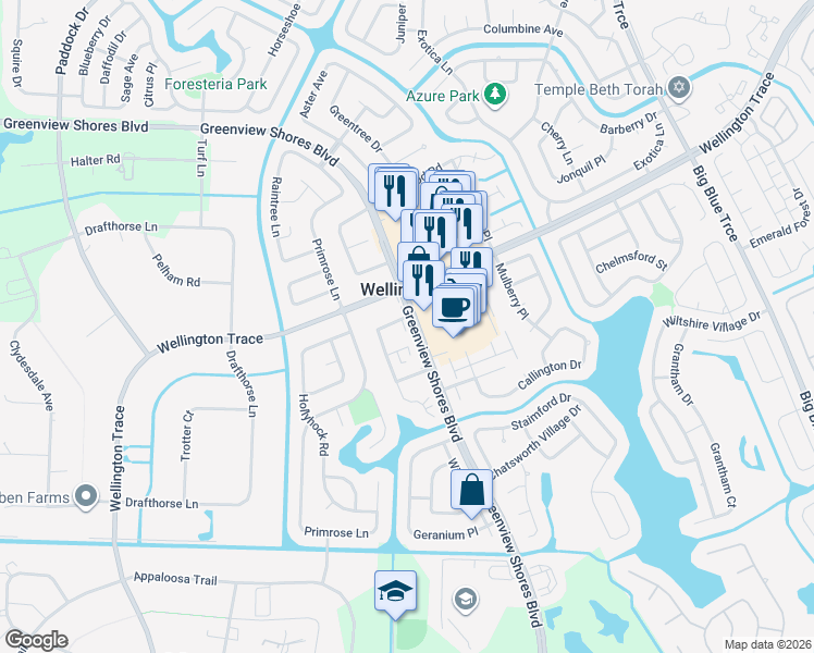 map of restaurants, bars, coffee shops, grocery stores, and more near 1433 Greenview Shores Boulevard in Wellington