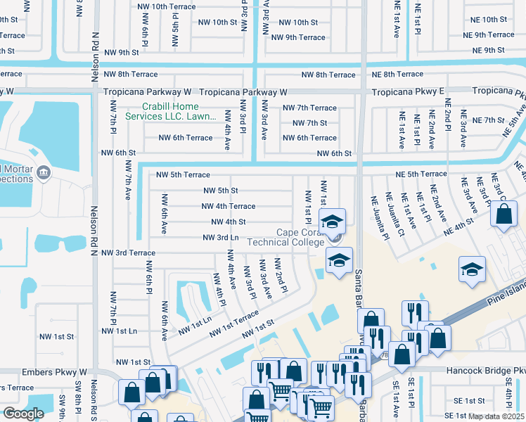 map of restaurants, bars, coffee shops, grocery stores, and more near 309 Northwest 4th Terrace in Cape Coral