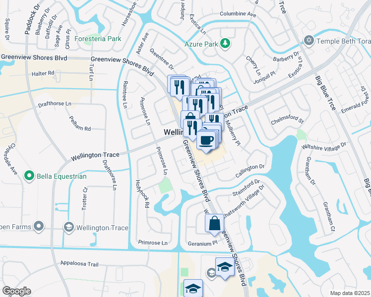 map of restaurants, bars, coffee shops, grocery stores, and more near 1434 Hawthorne Place in Wellington