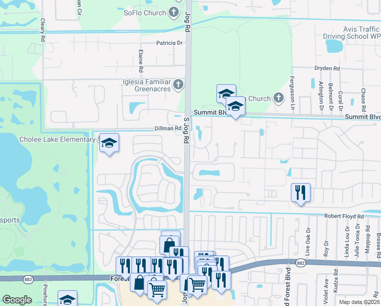map of restaurants, bars, coffee shops, grocery stores, and more near 1200 Parkside Green Drive in Greenacres