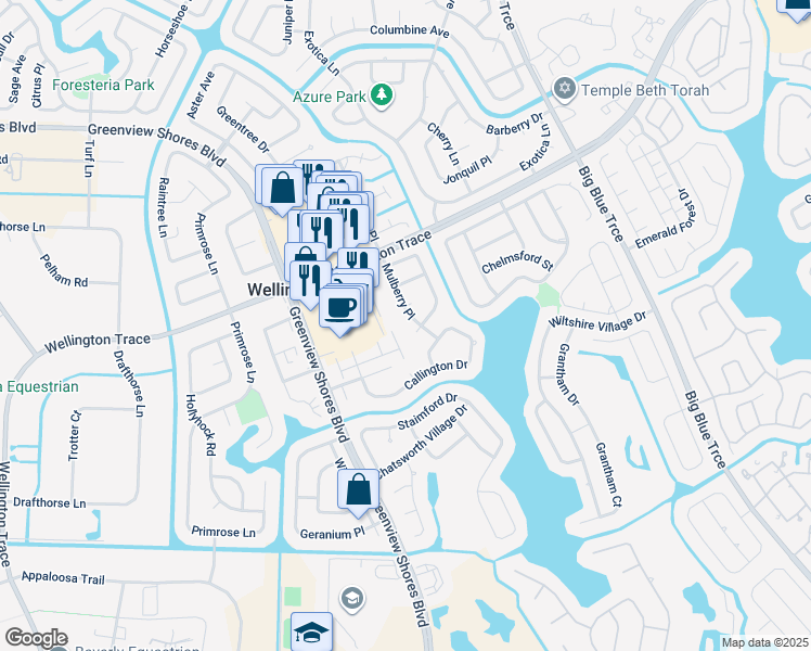 map of restaurants, bars, coffee shops, grocery stores, and more near 1198 Mulberry Place in Wellington