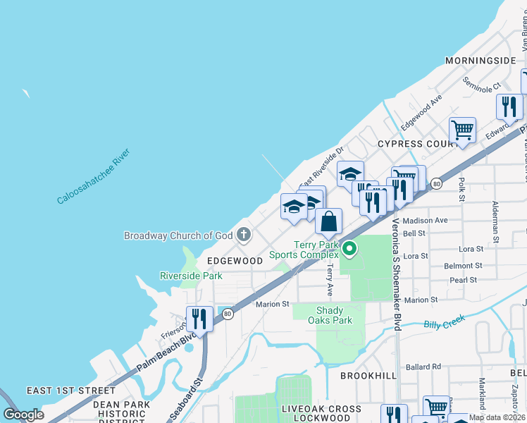 map of restaurants, bars, coffee shops, grocery stores, and more near 3331 East Riverside Drive in Fort Myers