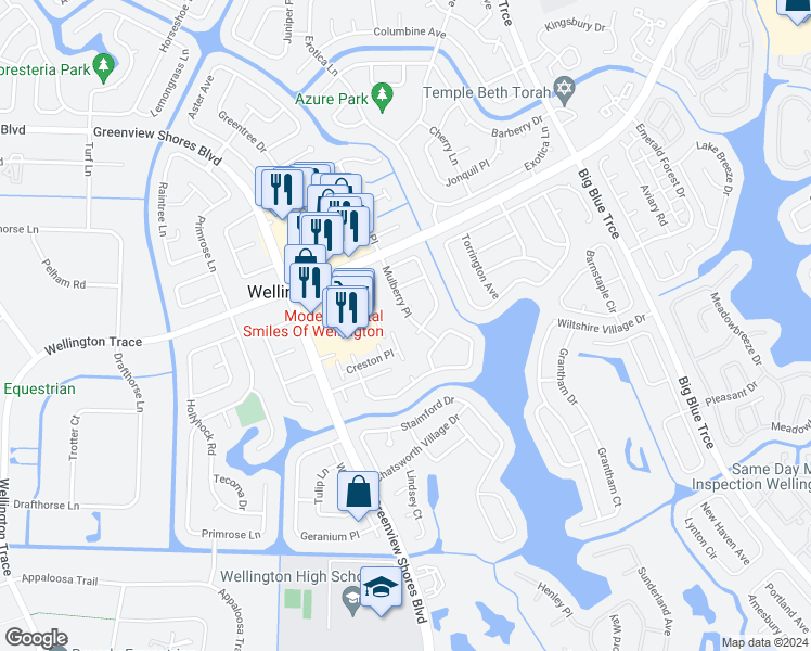 map of restaurants, bars, coffee shops, grocery stores, and more near 1197 Mulberry Place in Wellington