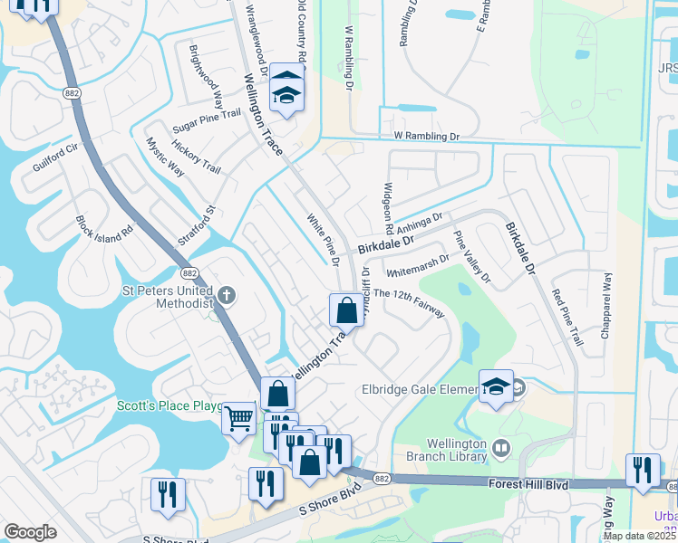 map of restaurants, bars, coffee shops, grocery stores, and more near 1408 White Pine Drive in Wellington