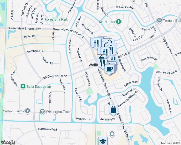 map of restaurants, bars, coffee shops, grocery stores, and more near 1483 Hawthorne Place in Wellington