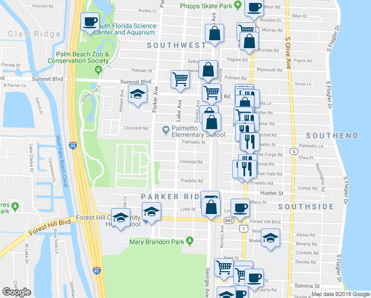 map of restaurants, bars, coffee shops, grocery stores, and more near in West Palm Beach