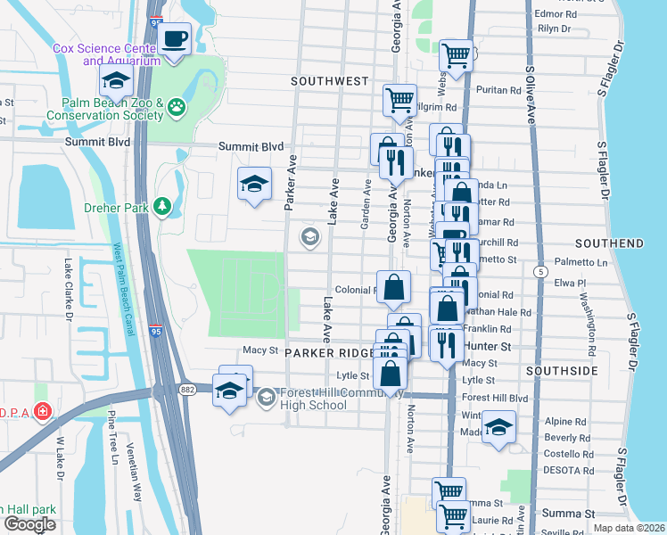 map of restaurants, bars, coffee shops, grocery stores, and more near 712 Palmetto Street in West Palm Beach