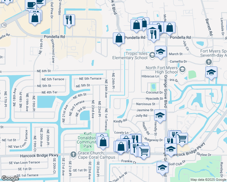 map of restaurants, bars, coffee shops, grocery stores, and more near 414 Northeast 25th Avenue in Cape Coral