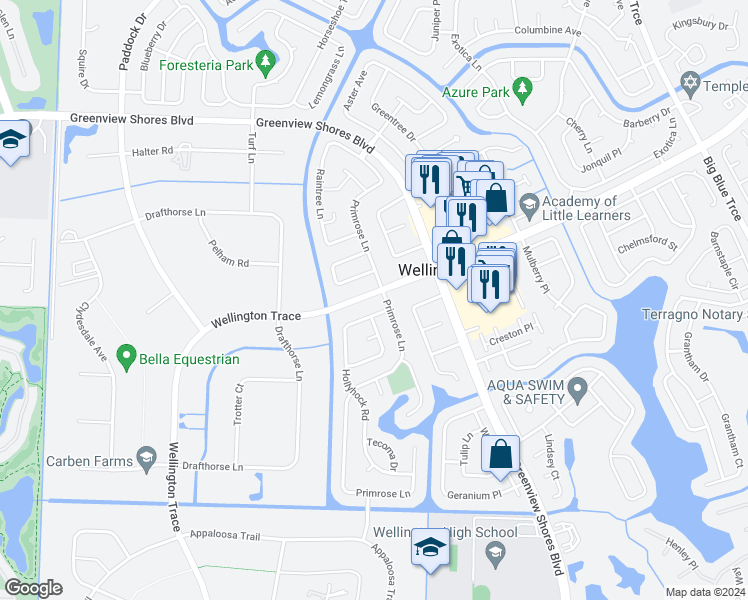 map of restaurants, bars, coffee shops, grocery stores, and more near 14160 Wellington Trace in Wellington