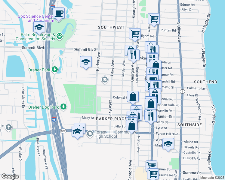 map of restaurants, bars, coffee shops, grocery stores, and more near 712 Palmetto Street in West Palm Beach