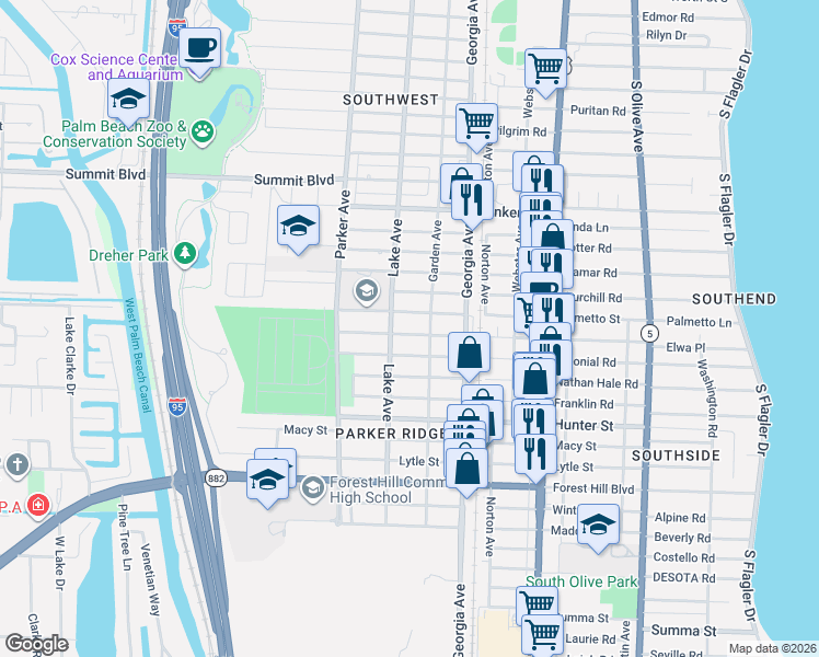 map of restaurants, bars, coffee shops, grocery stores, and more near in West Palm Beach
