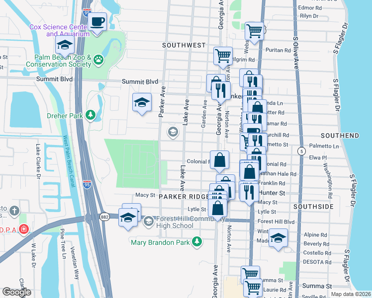 map of restaurants, bars, coffee shops, grocery stores, and more near 733 Valley Forge Road in West Palm Beach