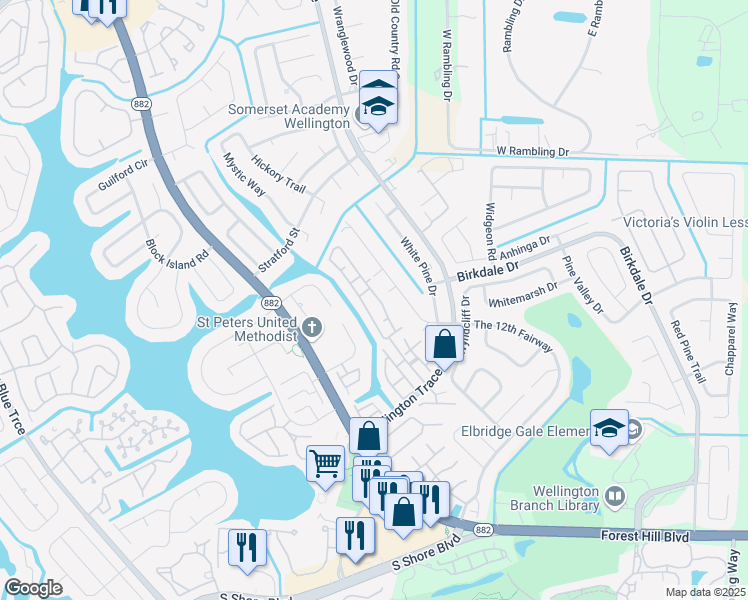 map of restaurants, bars, coffee shops, grocery stores, and more near 1447 Waterway Cove Drive in Wellington