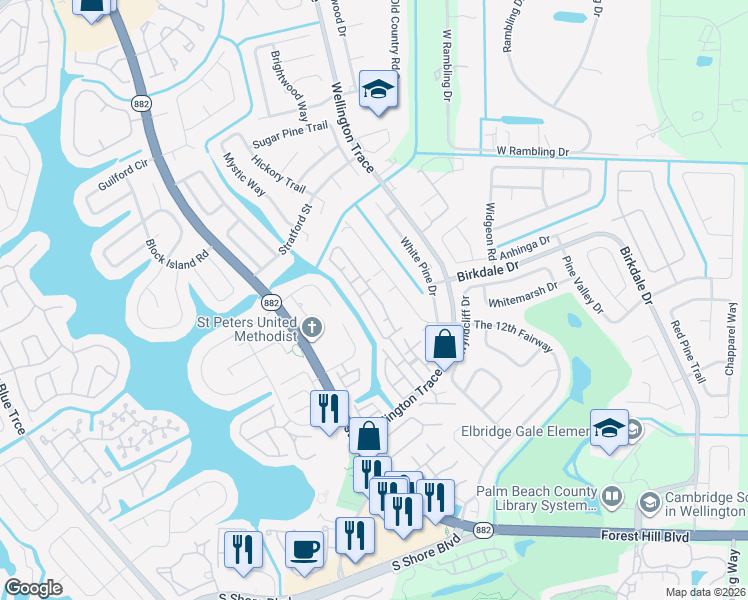 map of restaurants, bars, coffee shops, grocery stores, and more near 1447 Waterway Cove Drive in Wellington