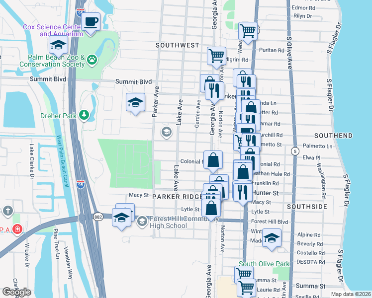map of restaurants, bars, coffee shops, grocery stores, and more near in West Palm Beach