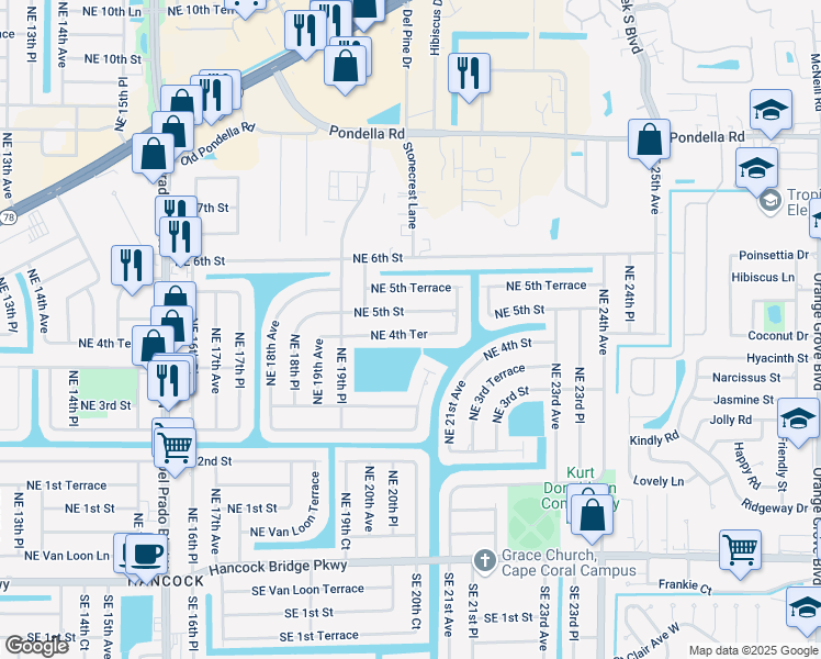 map of restaurants, bars, coffee shops, grocery stores, and more near 2017 Northeast 4th Terrace in Cape Coral