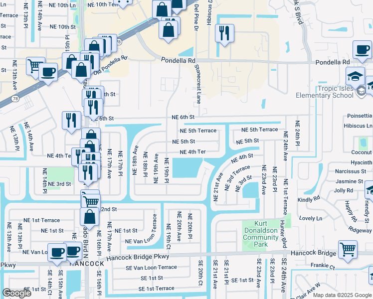 map of restaurants, bars, coffee shops, grocery stores, and more near 1940 Northeast 5th Street in Cape Coral