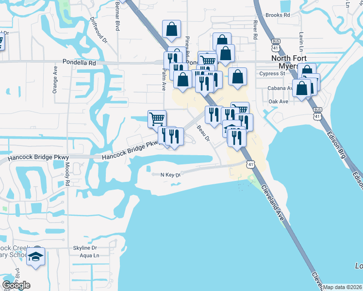 map of restaurants, bars, coffee shops, grocery stores, and more near 3434 Hancock Bridge Parkway in North Fort Myers