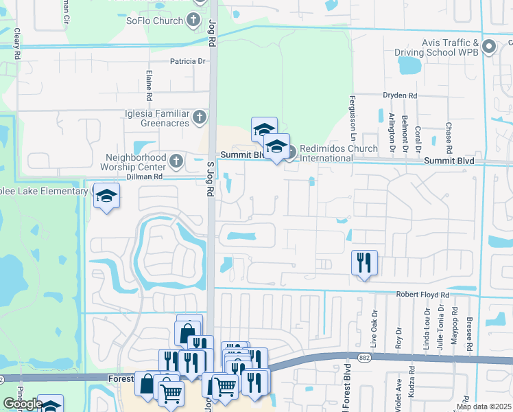 map of restaurants, bars, coffee shops, grocery stores, and more near 1122 Woodfield Court in Greenacres