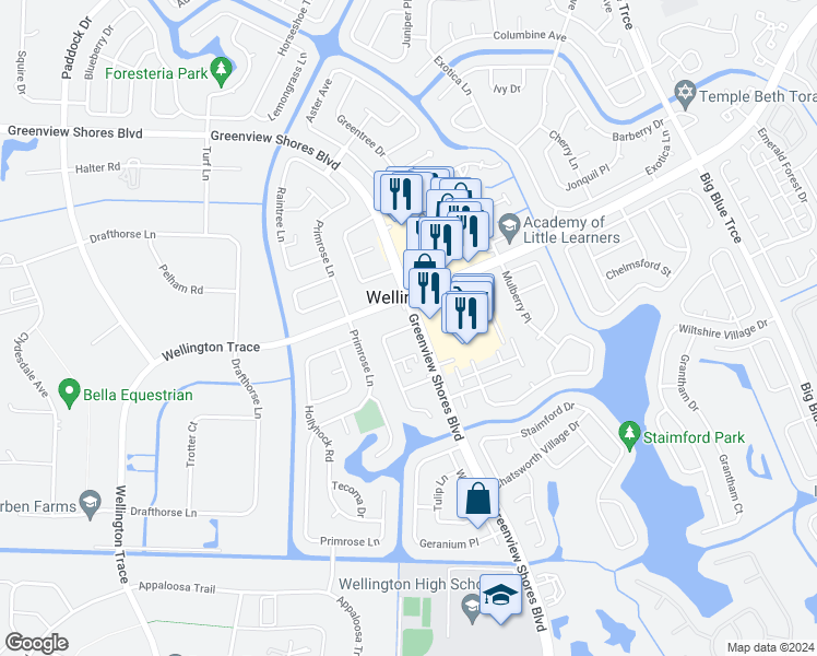 map of restaurants, bars, coffee shops, grocery stores, and more near 1438 Hawthorne Place in Wellington