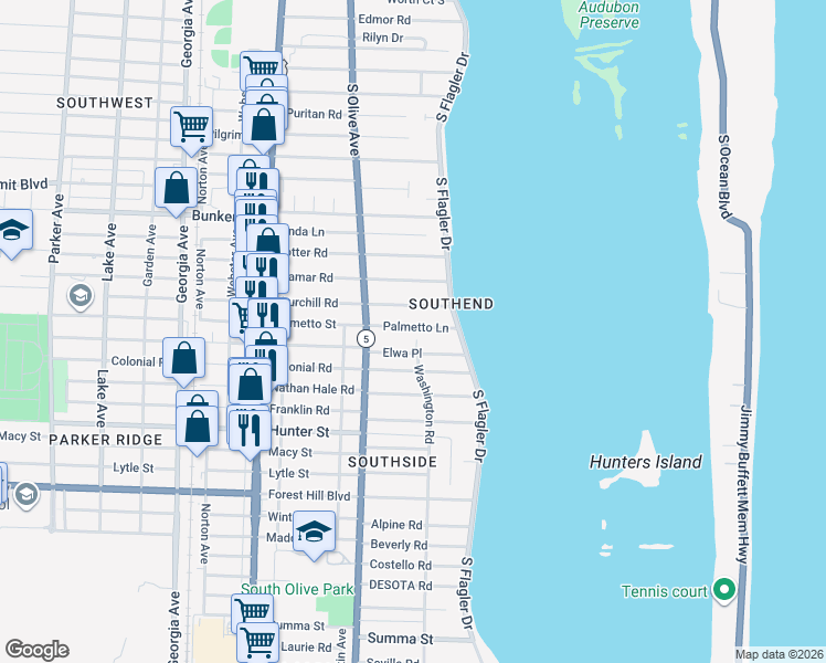 map of restaurants, bars, coffee shops, grocery stores, and more near 231 Palmetto Lane in West Palm Beach