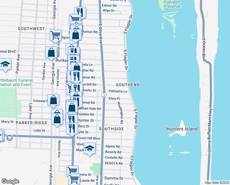 map of restaurants, bars, coffee shops, grocery stores, and more near 231 Palmetto Lane in West Palm Beach