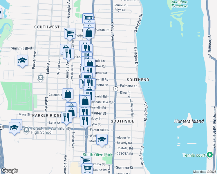 map of restaurants, bars, coffee shops, grocery stores, and more near 339 Palmetto Street in West Palm Beach