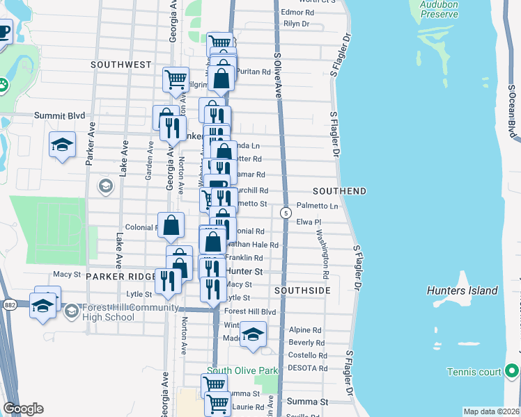 map of restaurants, bars, coffee shops, grocery stores, and more near 339 Palmetto Street in West Palm Beach