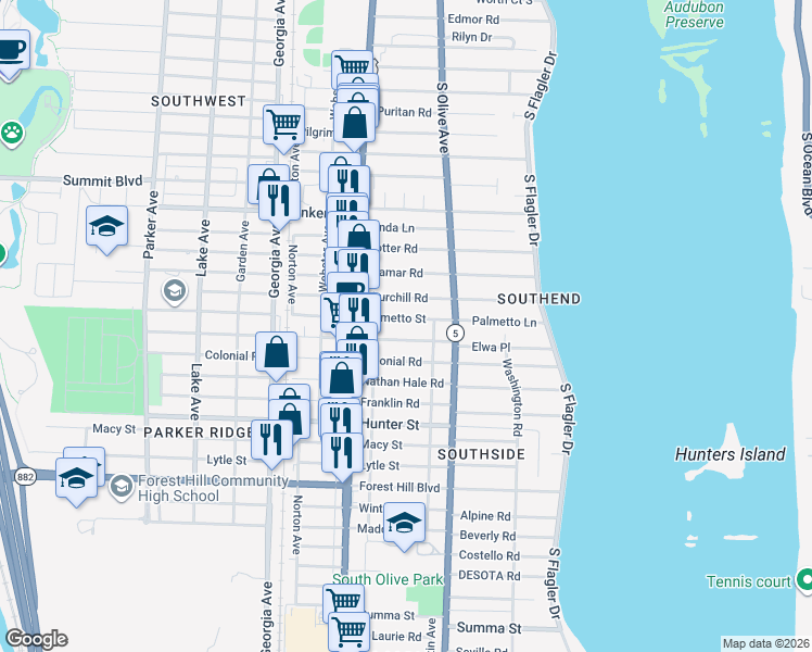 map of restaurants, bars, coffee shops, grocery stores, and more near 339 Palmetto Street in West Palm Beach