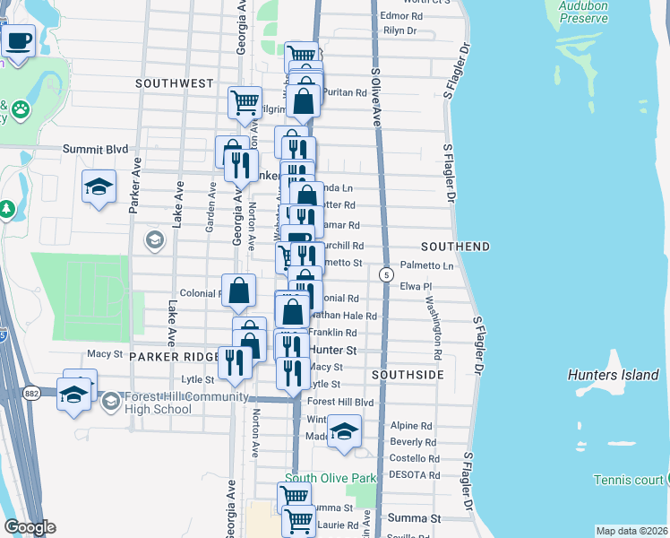 map of restaurants, bars, coffee shops, grocery stores, and more near 339 Palmetto Street in West Palm Beach