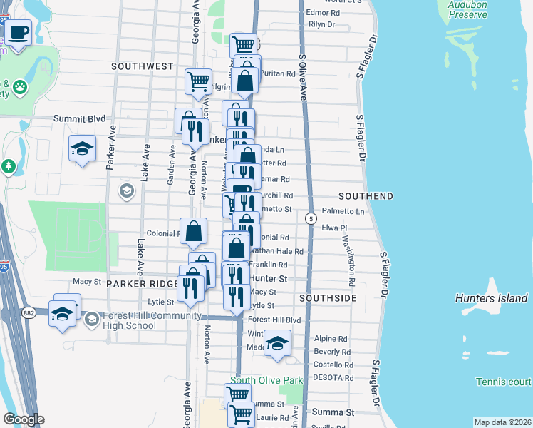 map of restaurants, bars, coffee shops, grocery stores, and more near 377 Palmetto Street in West Palm Beach
