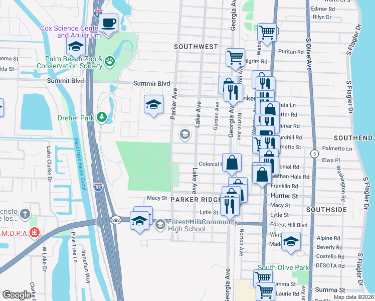 map of restaurants, bars, coffee shops, grocery stores, and more near 810 Palmetto Street in West Palm Beach