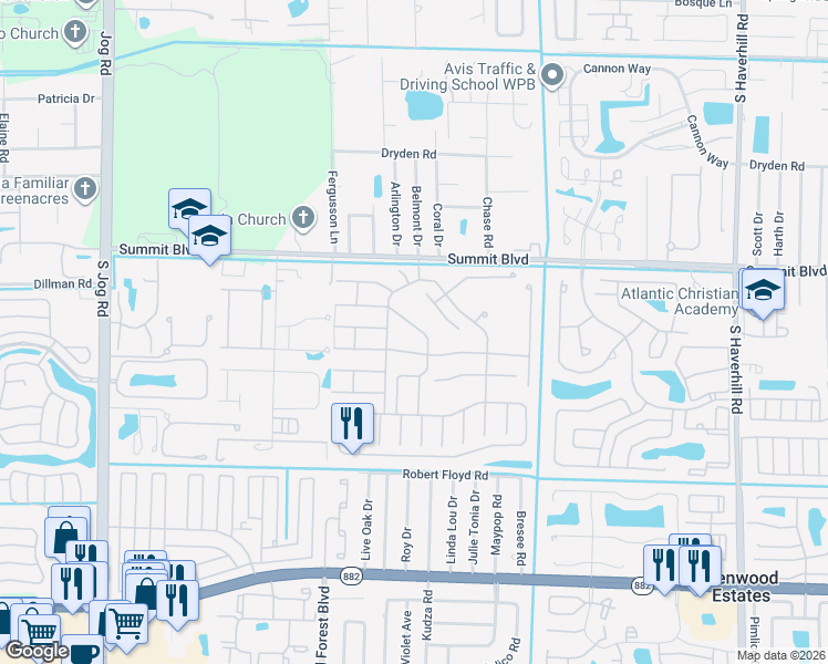 map of restaurants, bars, coffee shops, grocery stores, and more near 5717 Dewberry Way in West Palm Beach