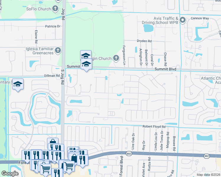 map of restaurants, bars, coffee shops, grocery stores, and more near 6017 Sandhill Crane Drive in West Palm Beach