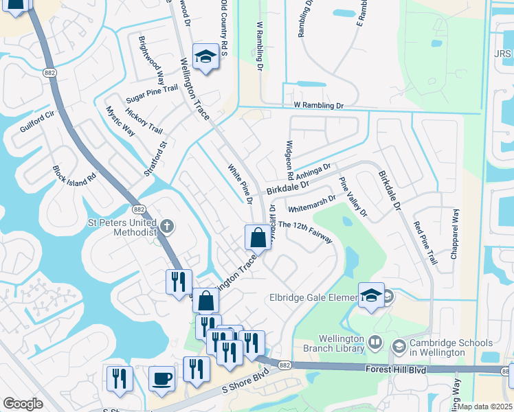 map of restaurants, bars, coffee shops, grocery stores, and more near 1386 White Pine Drive in Wellington