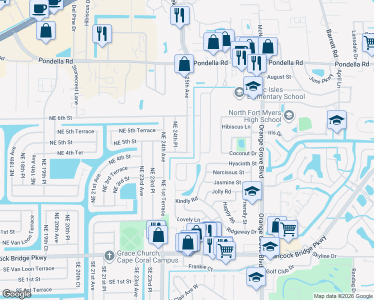 map of restaurants, bars, coffee shops, grocery stores, and more near 414 Northeast 25th Avenue in Cape Coral