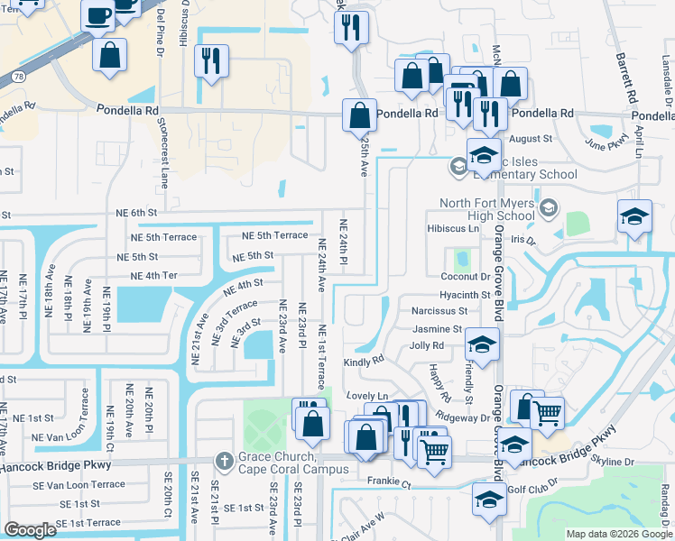 map of restaurants, bars, coffee shops, grocery stores, and more near 414 Northeast 25th Avenue in Cape Coral