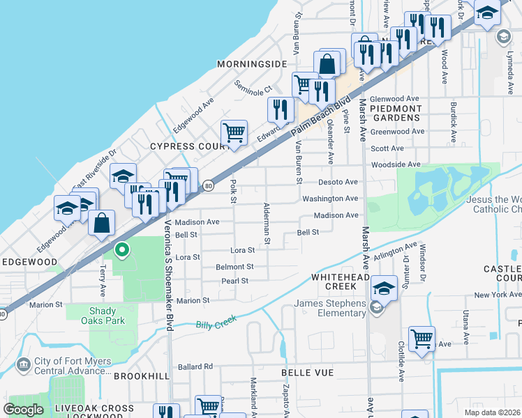 map of restaurants, bars, coffee shops, grocery stores, and more near 3862 Washington Avenue in Fort Myers